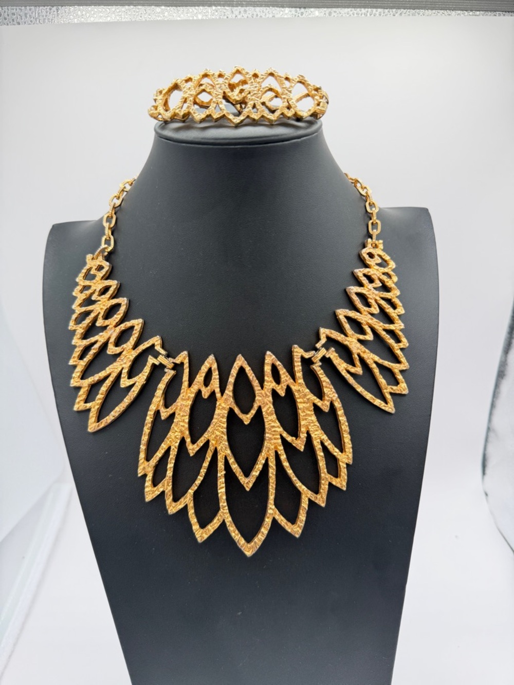 Celebrity Massive Signed Vintage Gold Tone Bib Necklace & Bracelet Set, 1960's